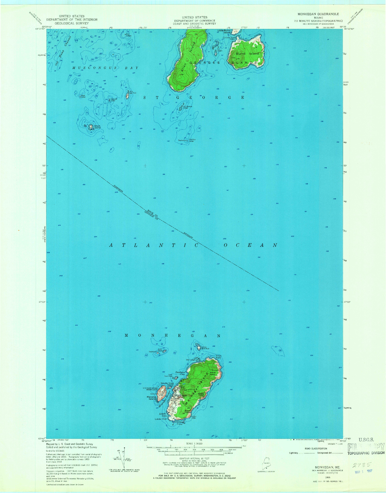 USGS 1:24000-SCALE QUADRANGLE FOR MONHEGAN, ME 1955