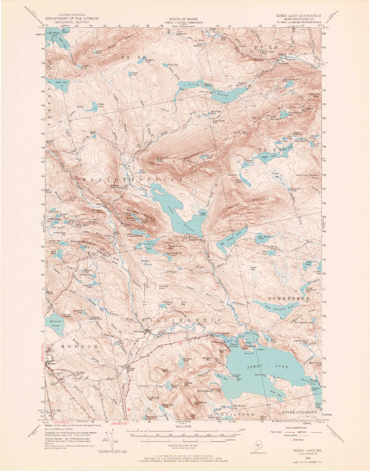 USGS 1:62500-SCALE QUADRANGLE FOR SEBEC LAKE, ME 1950