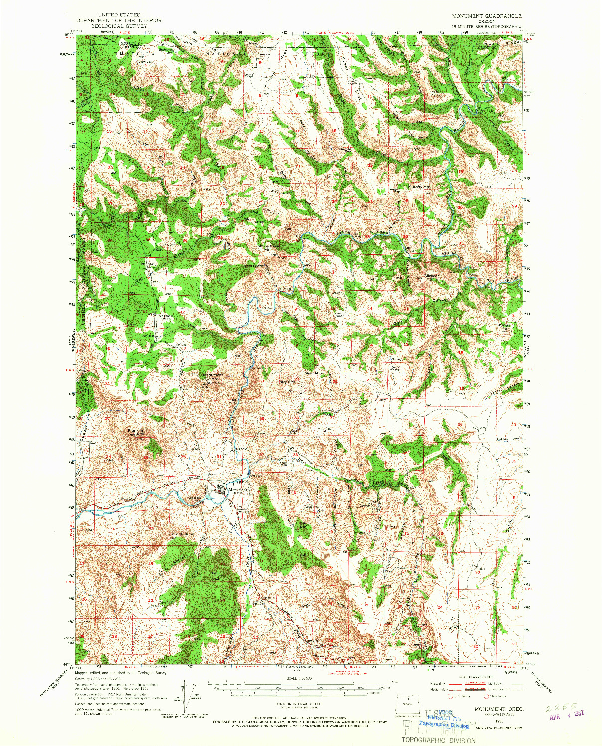 USGS 1:62500-SCALE QUADRANGLE FOR MONUMENT, OR 1951