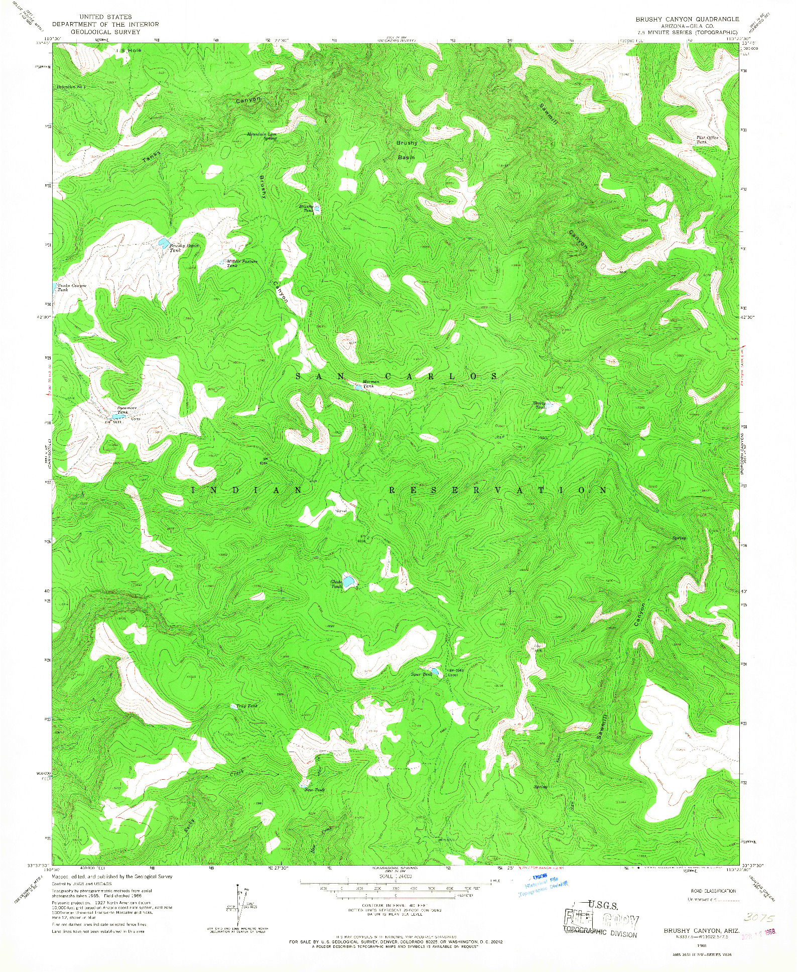 USGS 1:24000-SCALE QUADRANGLE FOR BRUSHY CANYON, AZ 1966