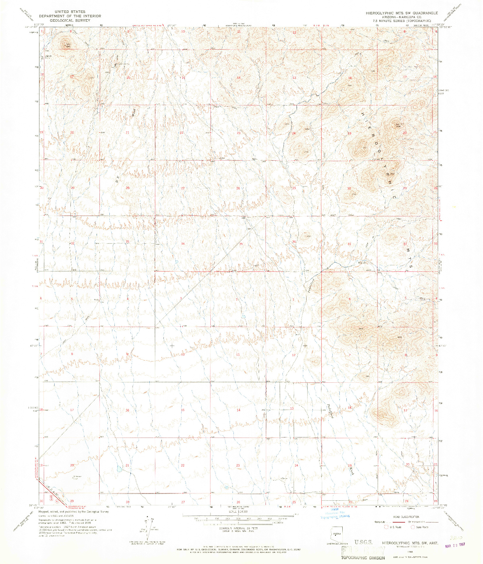 USGS 1:24000-SCALE QUADRANGLE FOR HIEROGLYPHIC MTS. SW, AZ 1965