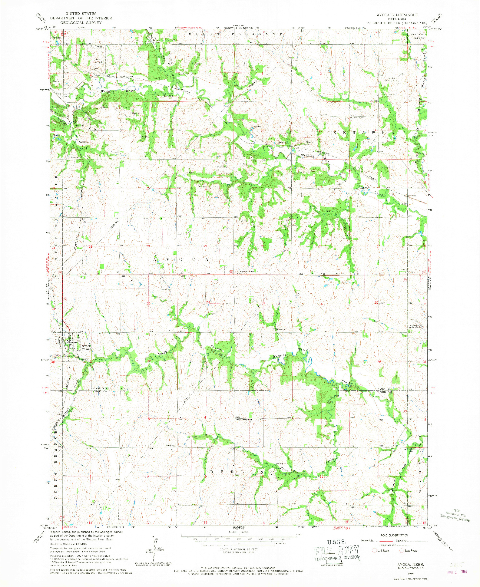 USGS 1:24000-SCALE QUADRANGLE FOR AVOCA, NE 1966