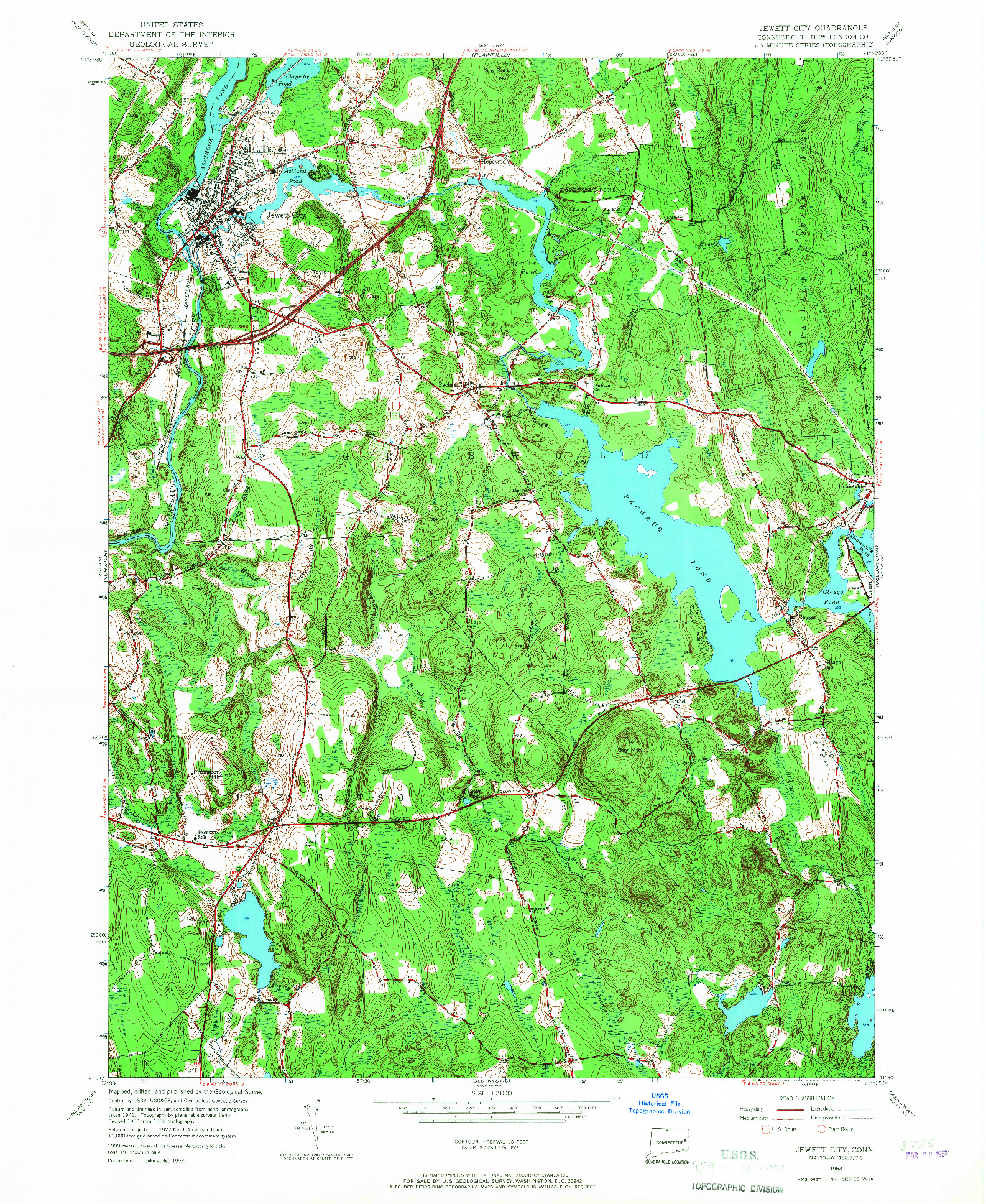 USGS 1:24000-SCALE QUADRANGLE FOR JEWETT CITY, CT 1953