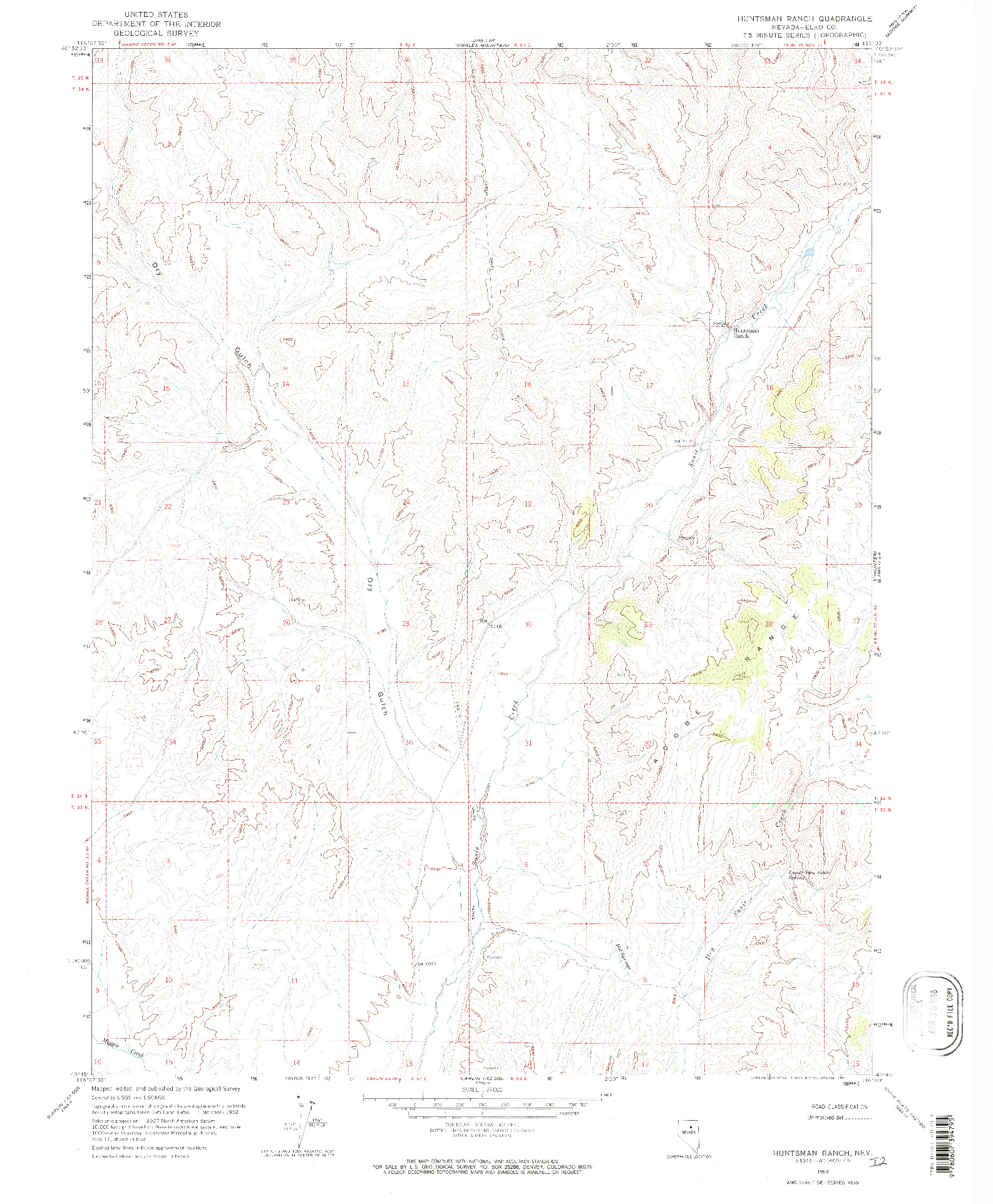 USGS 1:24000-SCALE QUADRANGLE FOR HUNTSMAN RANCH, NV 1958