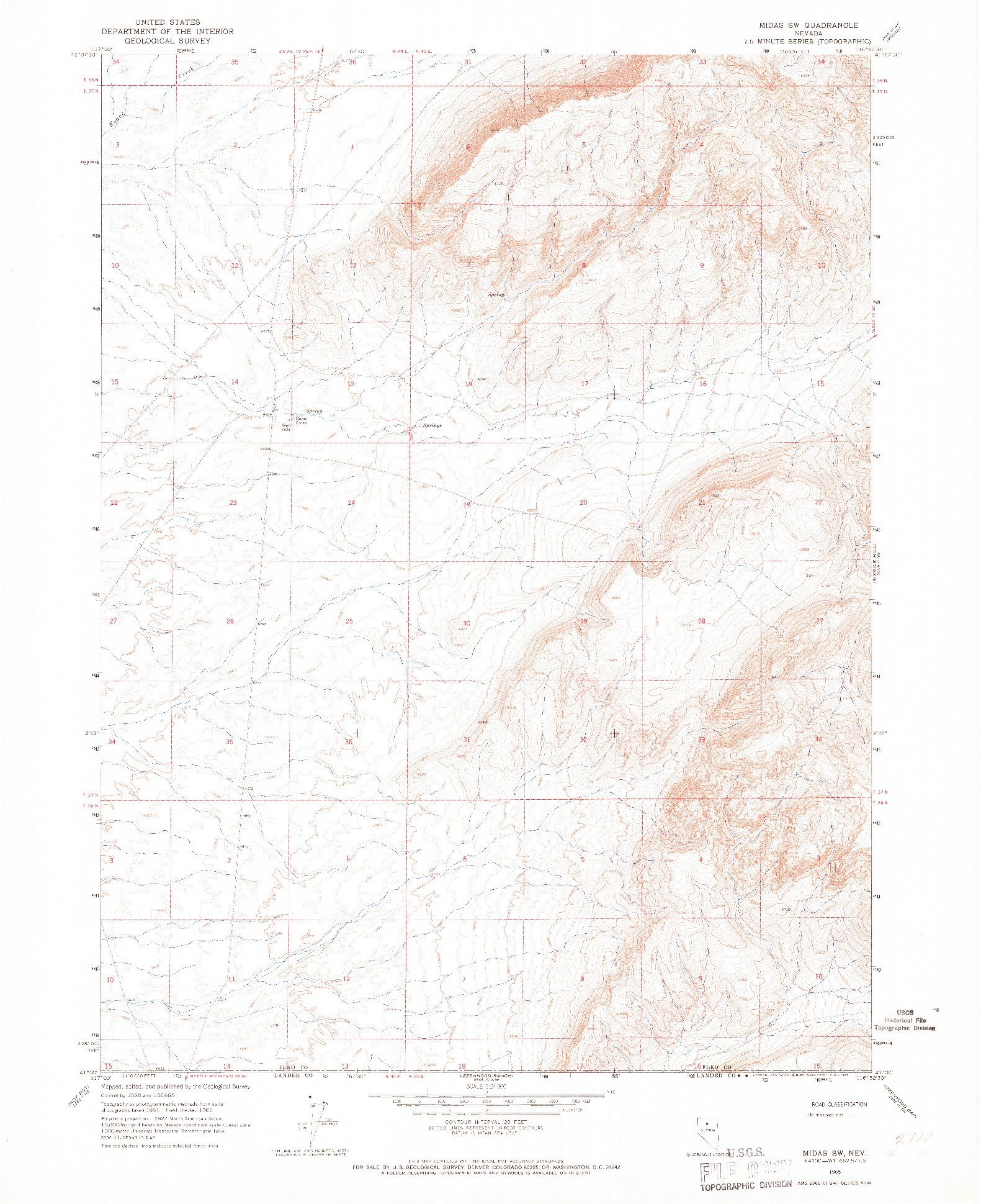USGS 1:24000-SCALE QUADRANGLE FOR MIDAS SW, NV 1965