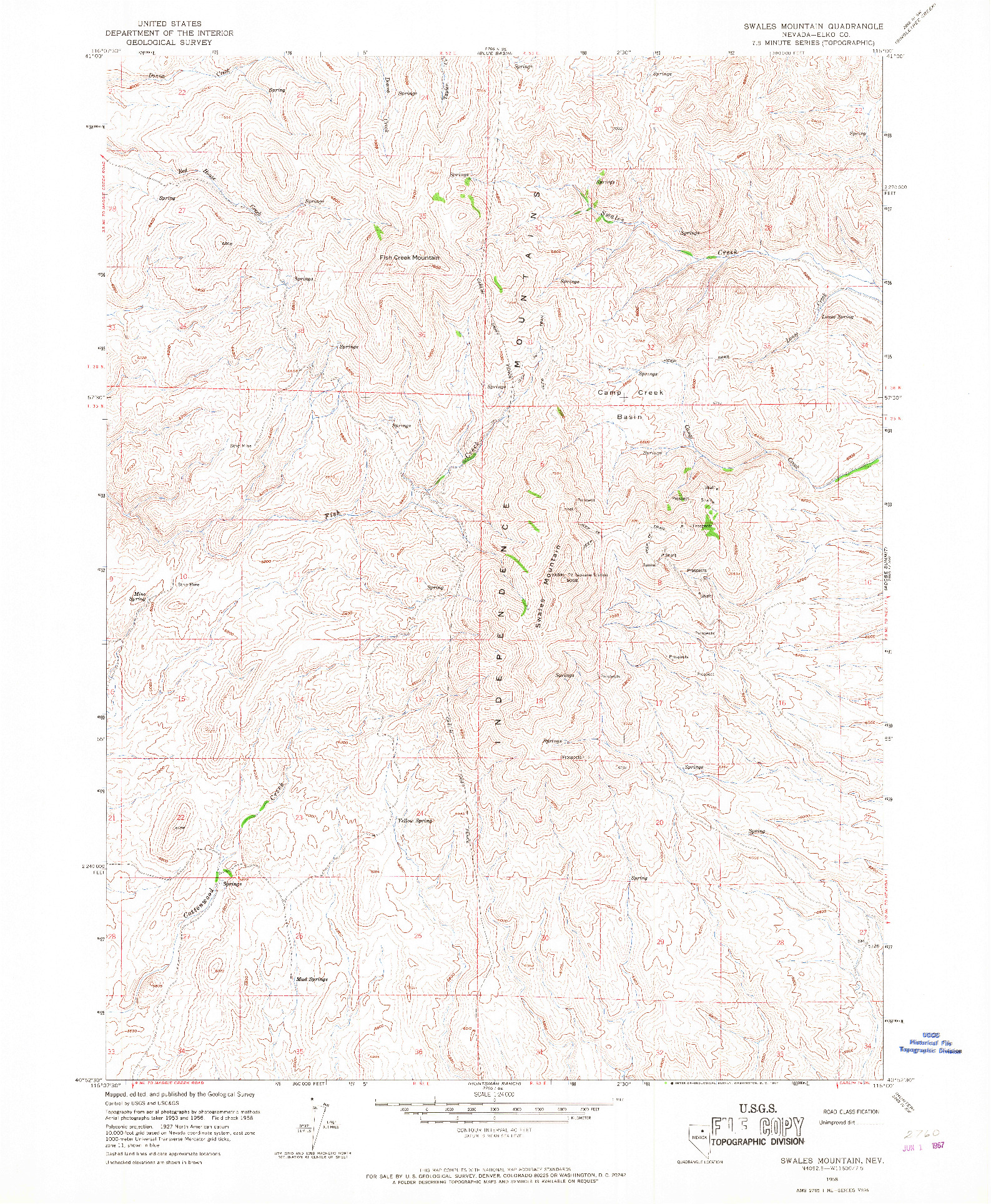 USGS 1:24000-SCALE QUADRANGLE FOR SWALES MOUNTAIN, NV 1958