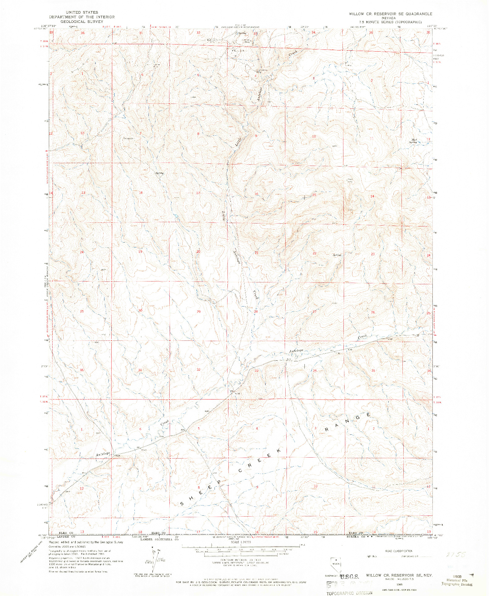 USGS 1:24000-SCALE QUADRANGLE FOR WILLOW CREEK RESERVOIR SE, NV 1965