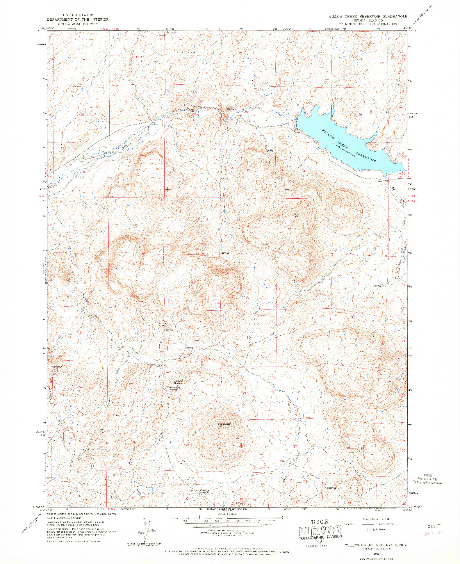 USGS 1:24000-SCALE QUADRANGLE FOR WILLOW CREEK RESERVOIR, NV 1965