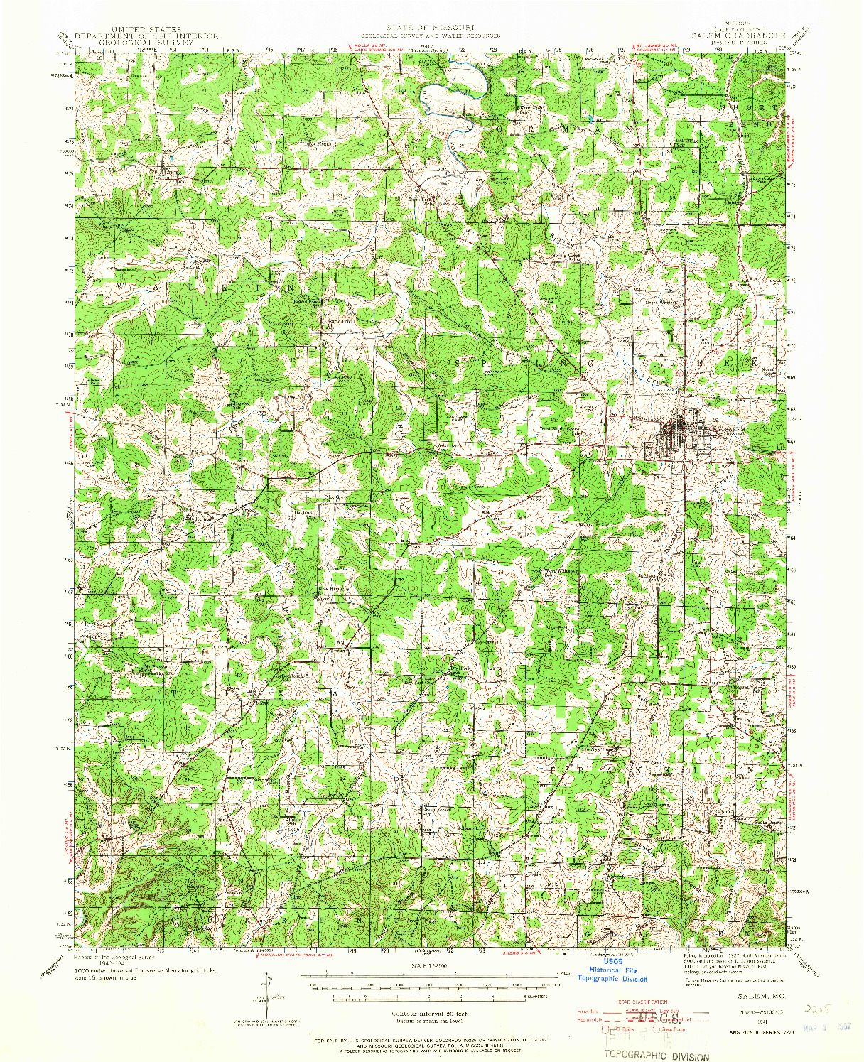 USGS 1:62500-SCALE QUADRANGLE FOR SALEM, MO 1941