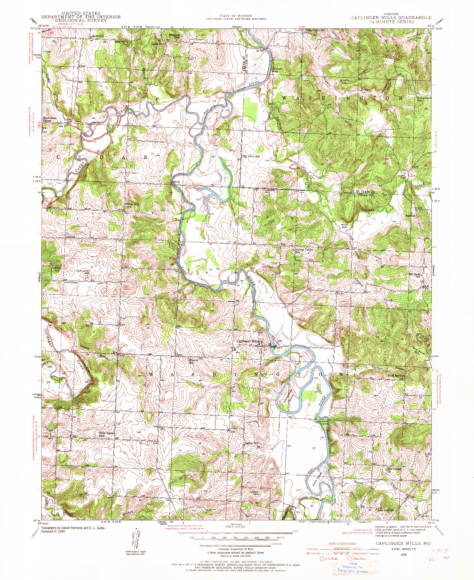 USGS 1:24000-SCALE QUADRANGLE FOR CAPLINGER MILLS, MO 1939