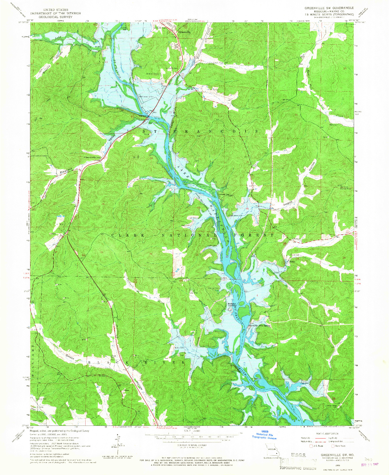 USGS 1:24000-SCALE QUADRANGLE FOR GREENVILLE SW, MO 1966