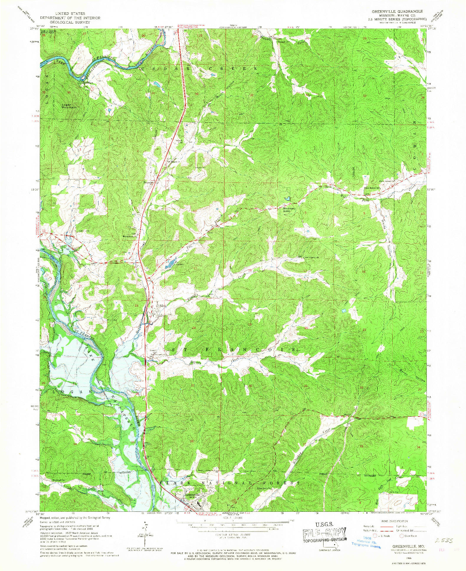 USGS 1:24000-SCALE QUADRANGLE FOR GREENVILLE, MO 1966
