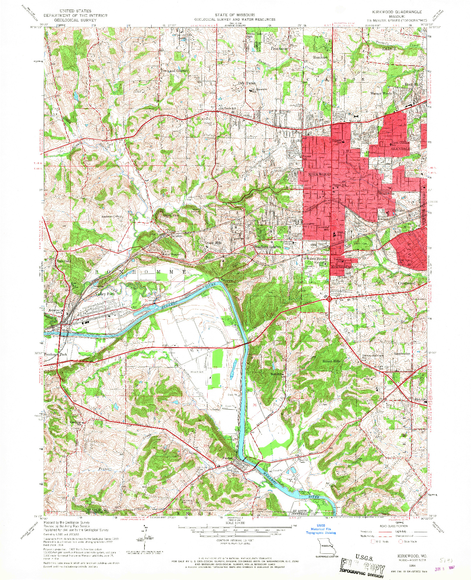 USGS 1:24000-SCALE QUADRANGLE FOR KIRKWOOD, MO 1954