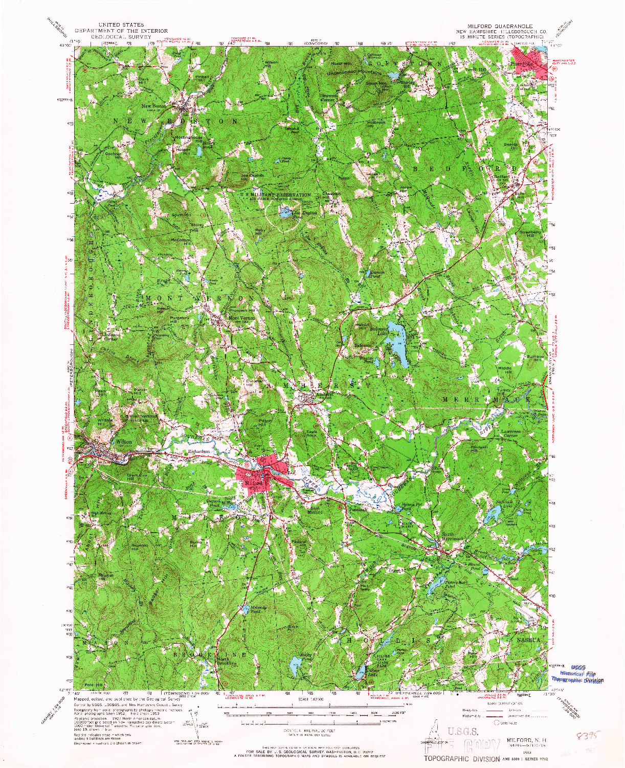 USGS 1:62500-SCALE QUADRANGLE FOR MILFORD, NH 1953