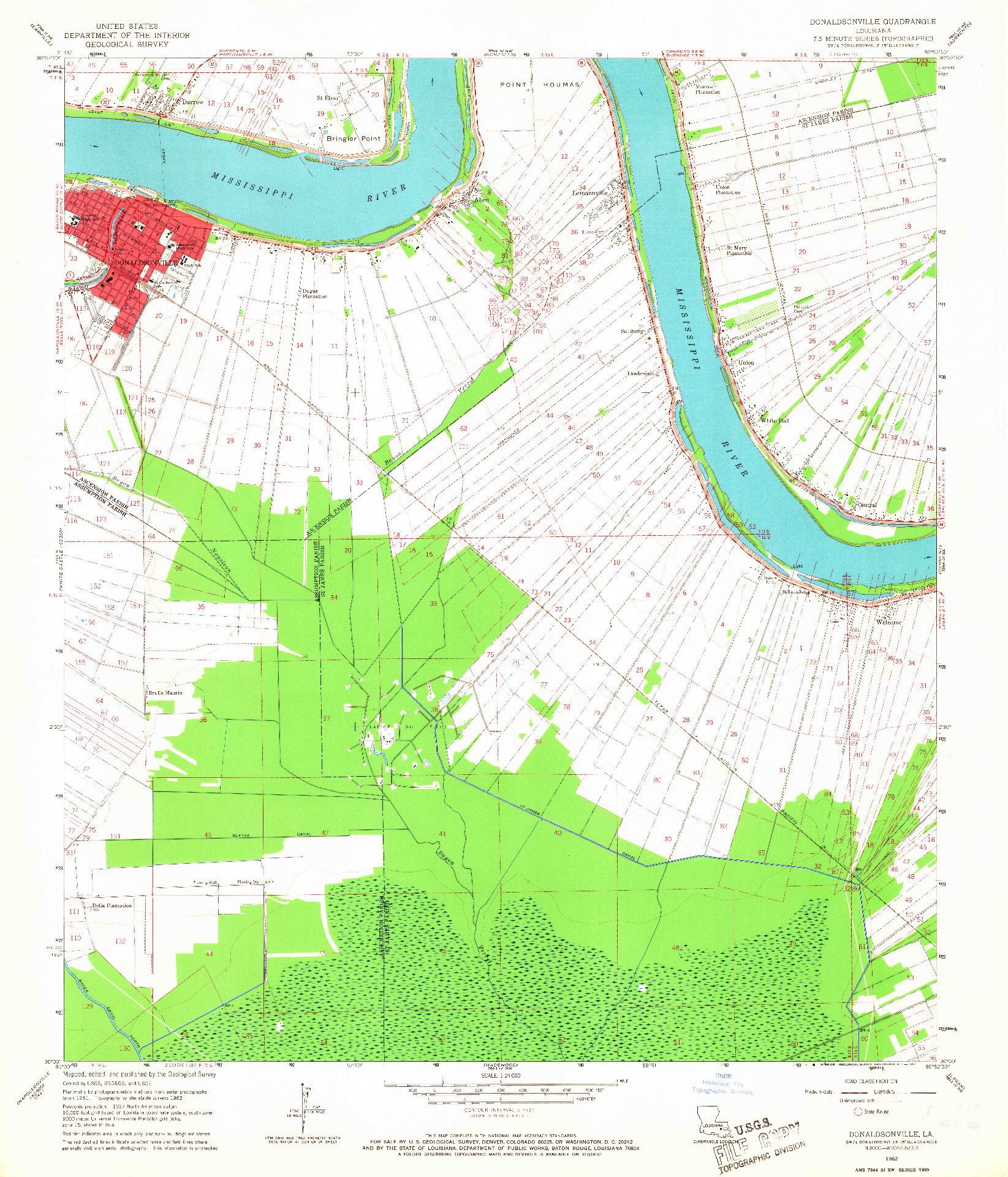 USGS 1:24000-SCALE QUADRANGLE FOR DONALDSONVILLE, LA 1962