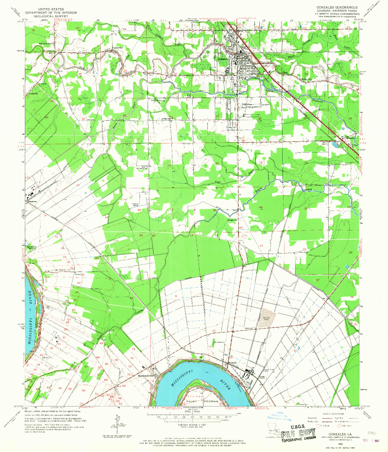 USGS 1:24000-SCALE QUADRANGLE FOR GONZALES, LA 1961