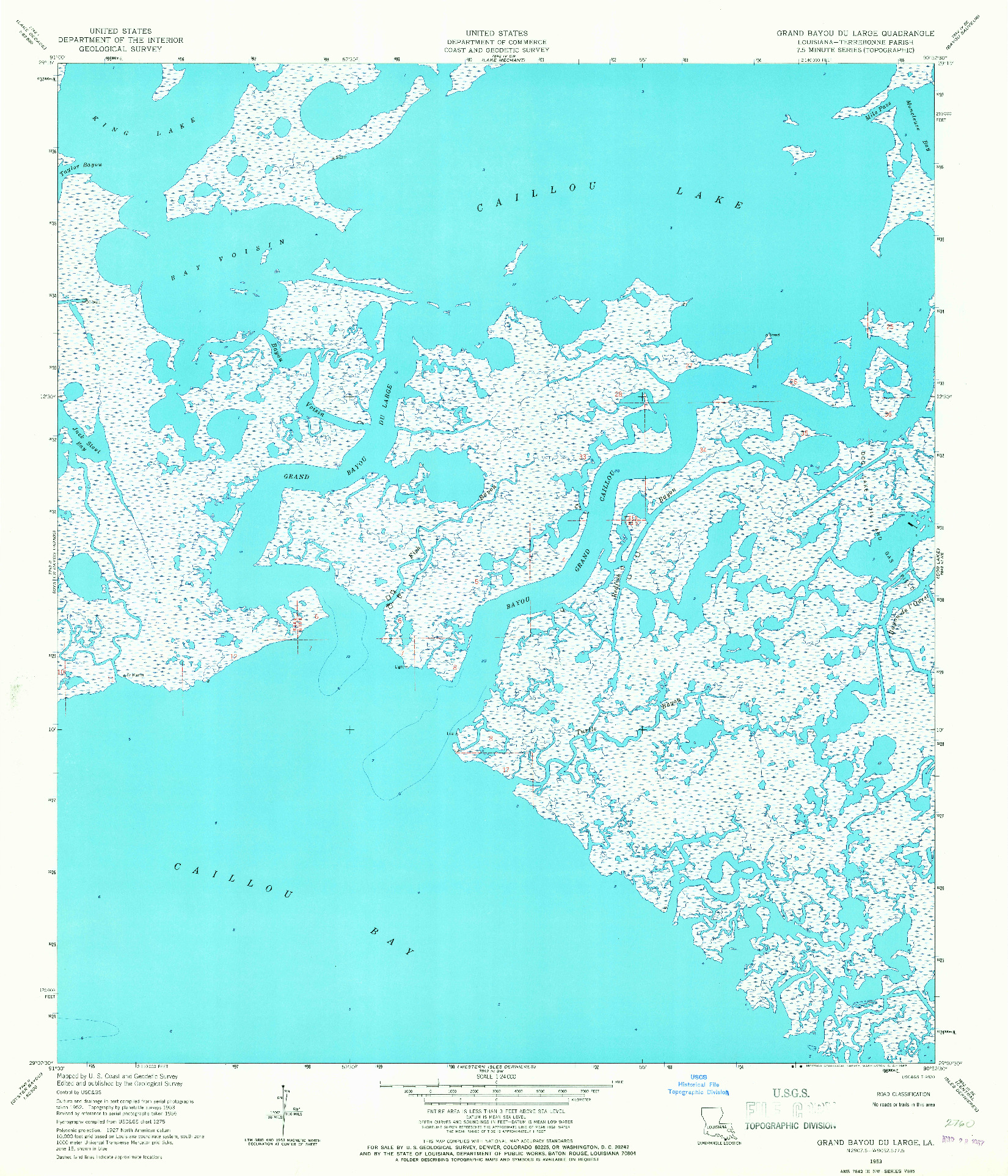 USGS 1:24000-SCALE QUADRANGLE FOR GRAND BAYOU DU LARGE, LA 1953