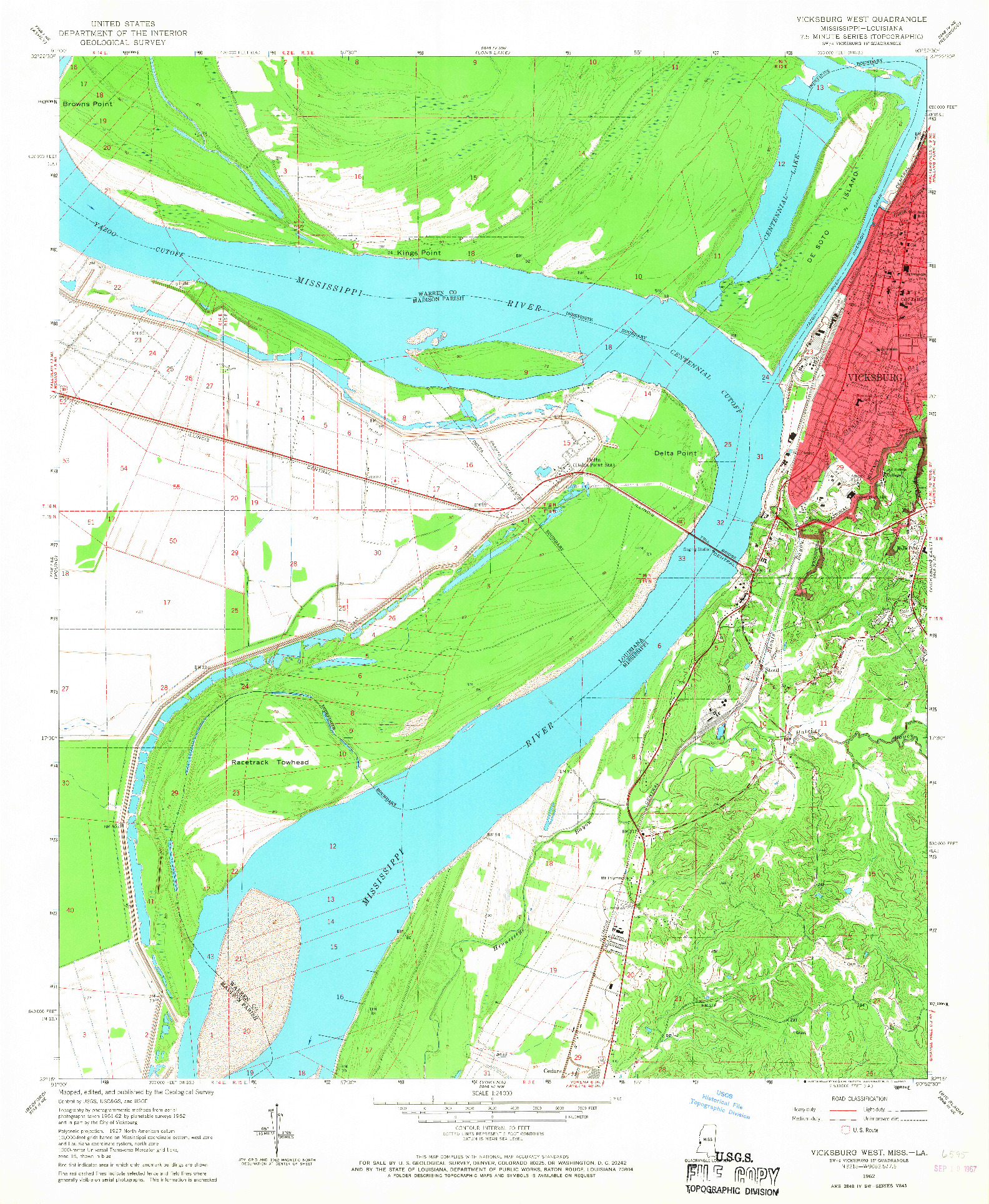 USGS 1:24000-SCALE QUADRANGLE FOR VICKSBURG WEST, MS 1962