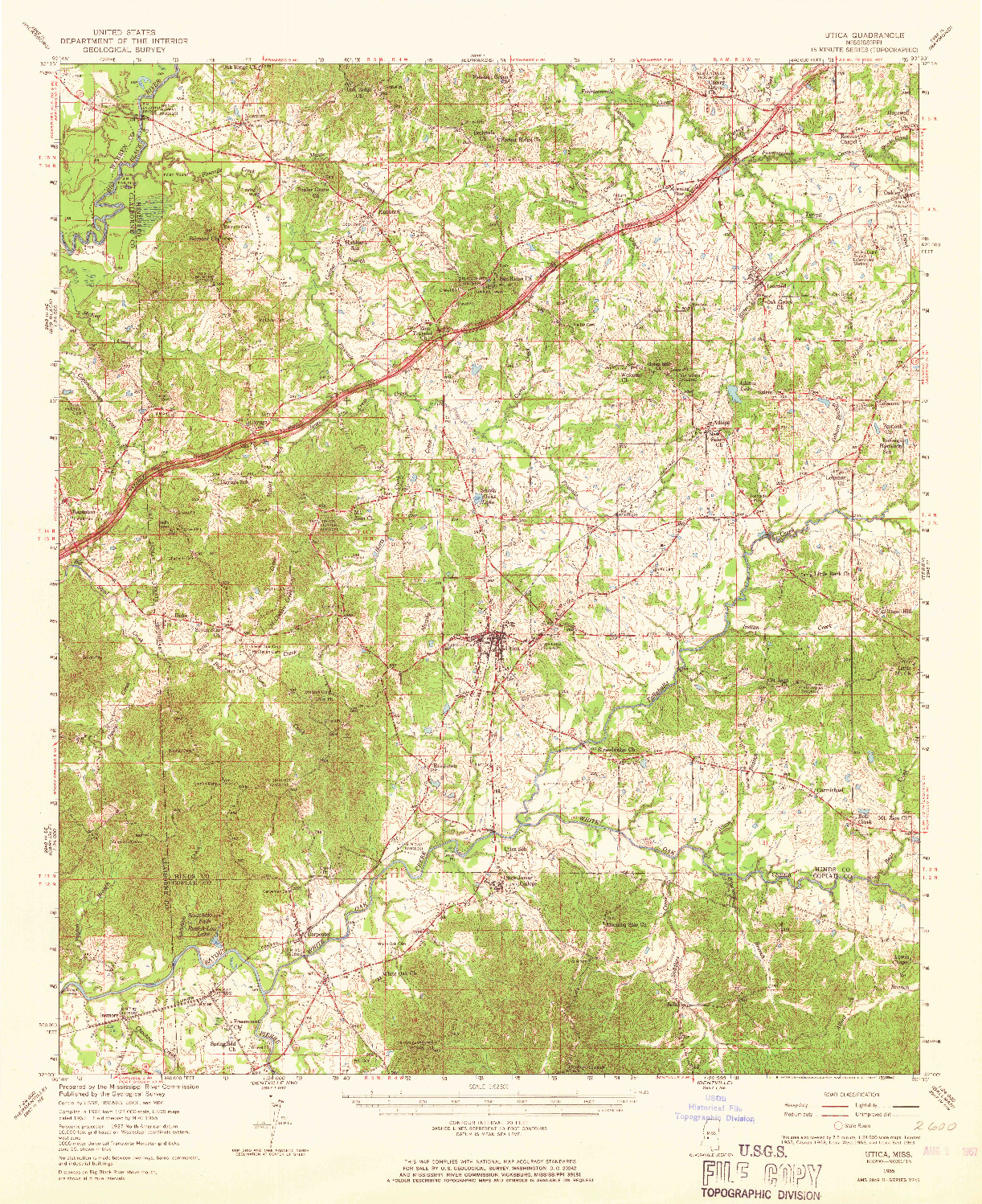 USGS 1:62500-SCALE QUADRANGLE FOR UTICA, MS 1965