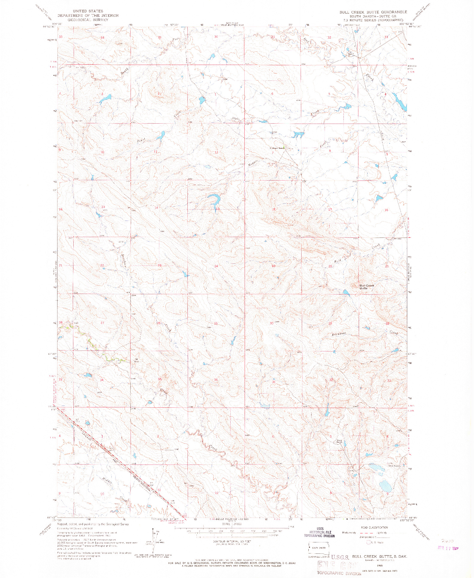 USGS 1:24000-SCALE QUADRANGLE FOR BULL CREEK BUTTE, SD 1965