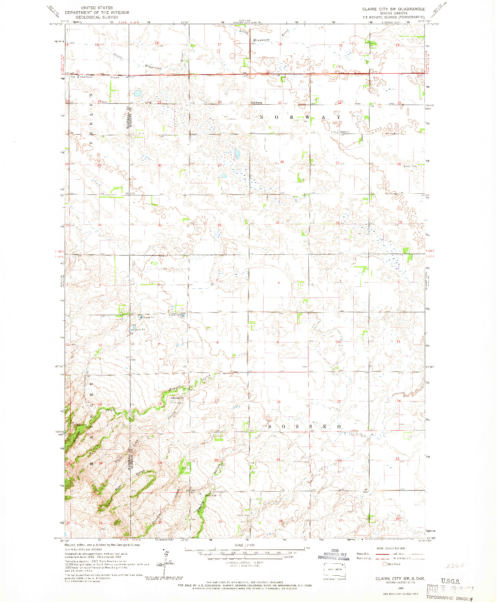 USGS 1:24000-SCALE QUADRANGLE FOR CLAIRE CITY SW, SD 1964