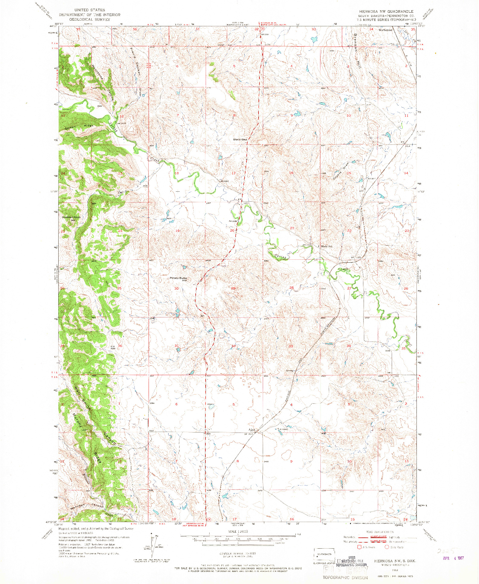 USGS 1:24000-SCALE QUADRANGLE FOR HERMOSA NW, SD 1953