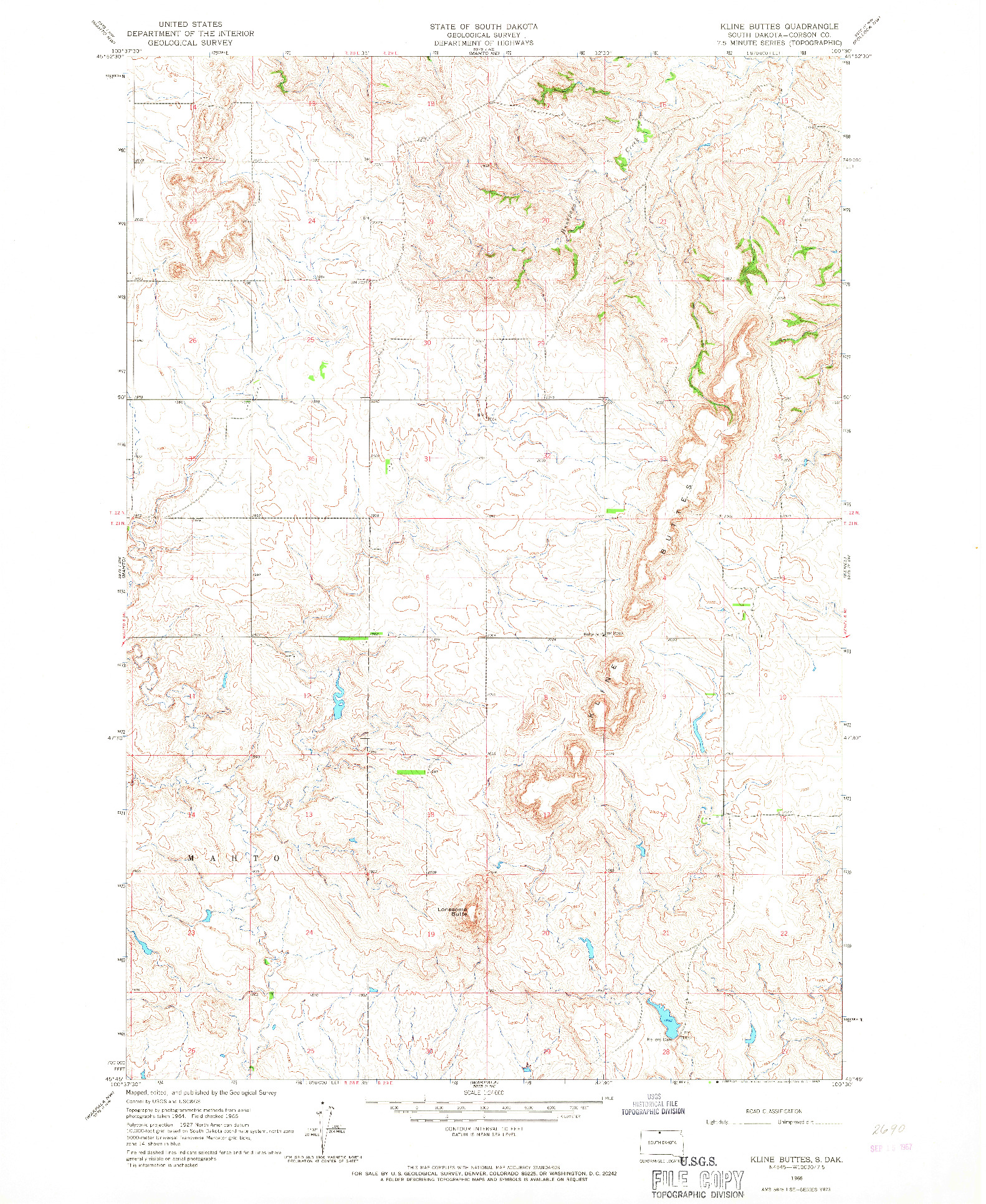 USGS 1:24000-SCALE QUADRANGLE FOR KLINE BUTTES, SD 1966