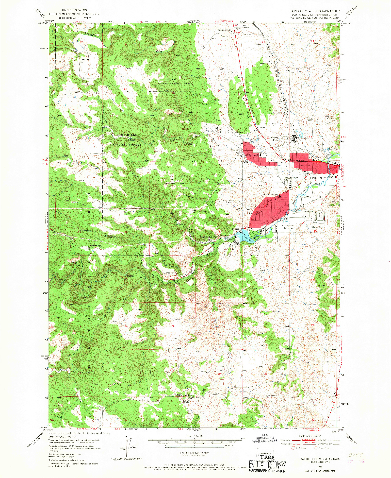 USGS 1:24000-SCALE QUADRANGLE FOR RAPID CITY WEST, SD 1953