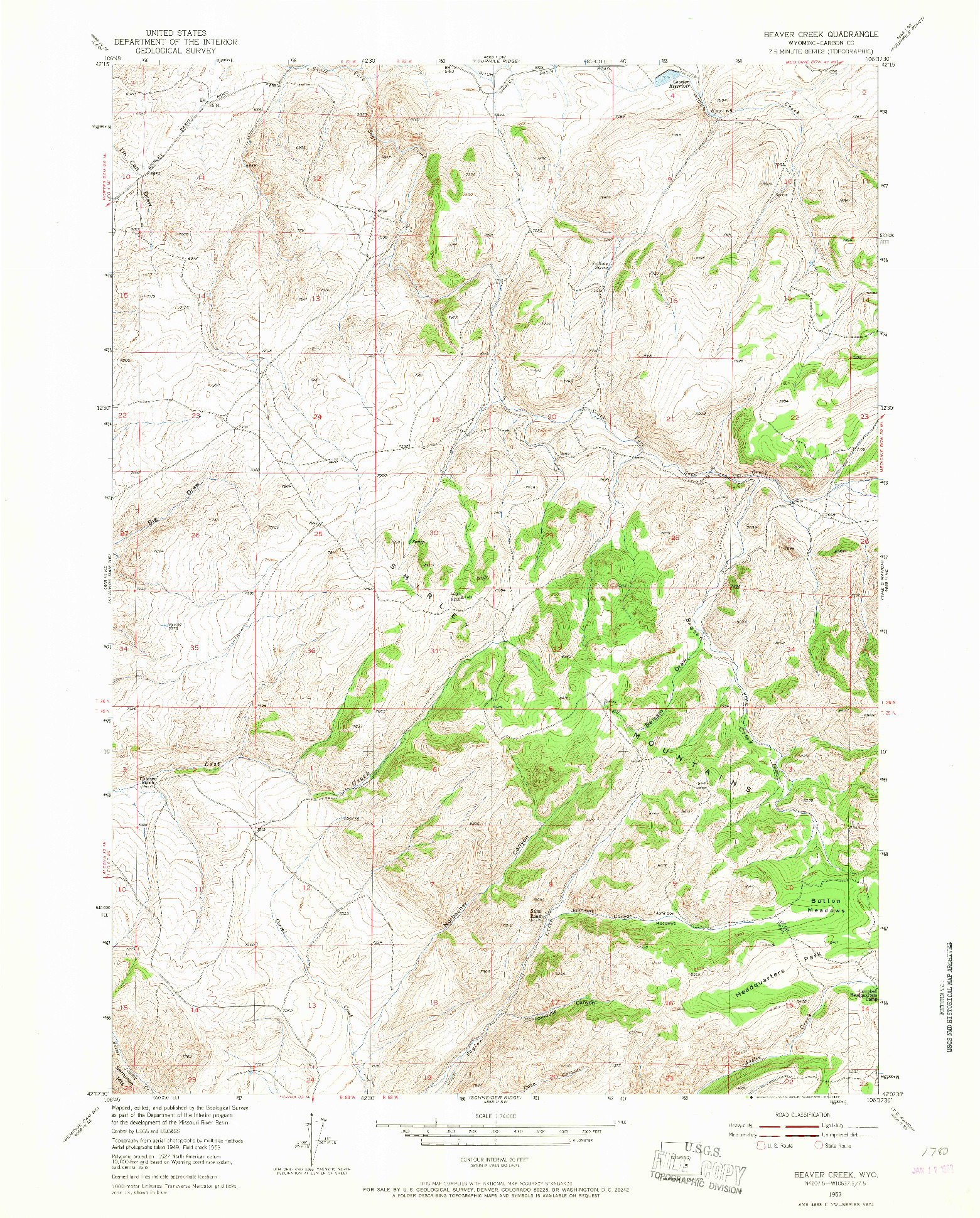 USGS 1:24000-SCALE QUADRANGLE FOR BEAVER CREEK, WY 1953