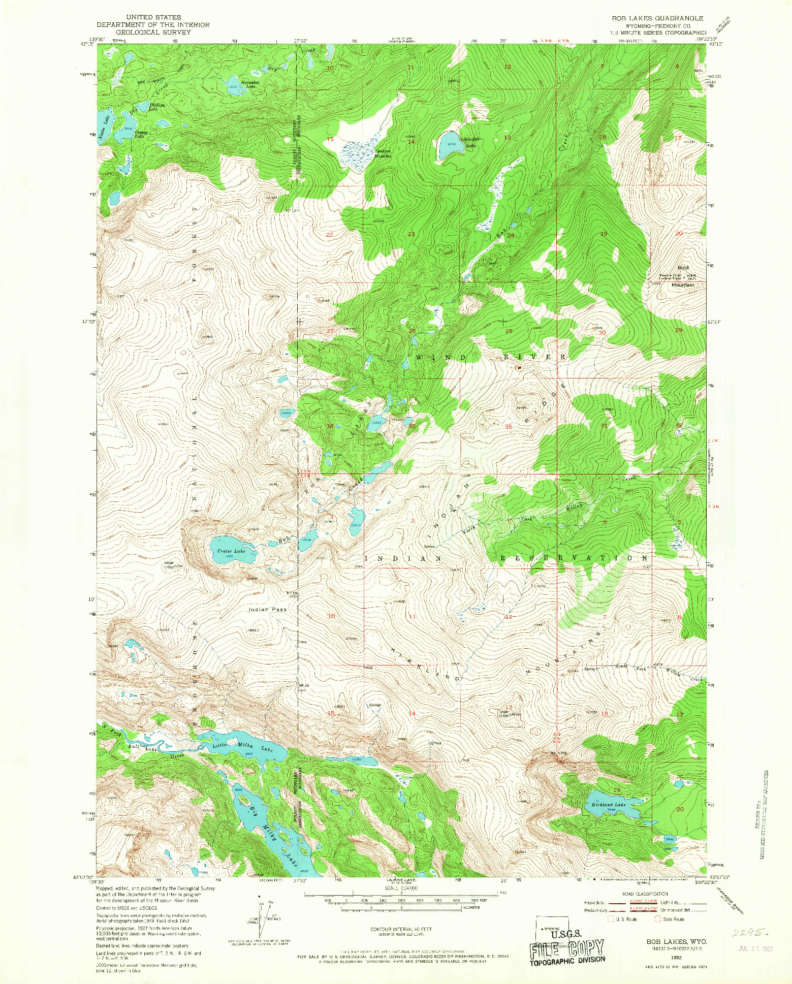 USGS 1:24000-SCALE QUADRANGLE FOR BOB LAKES, WY 1952