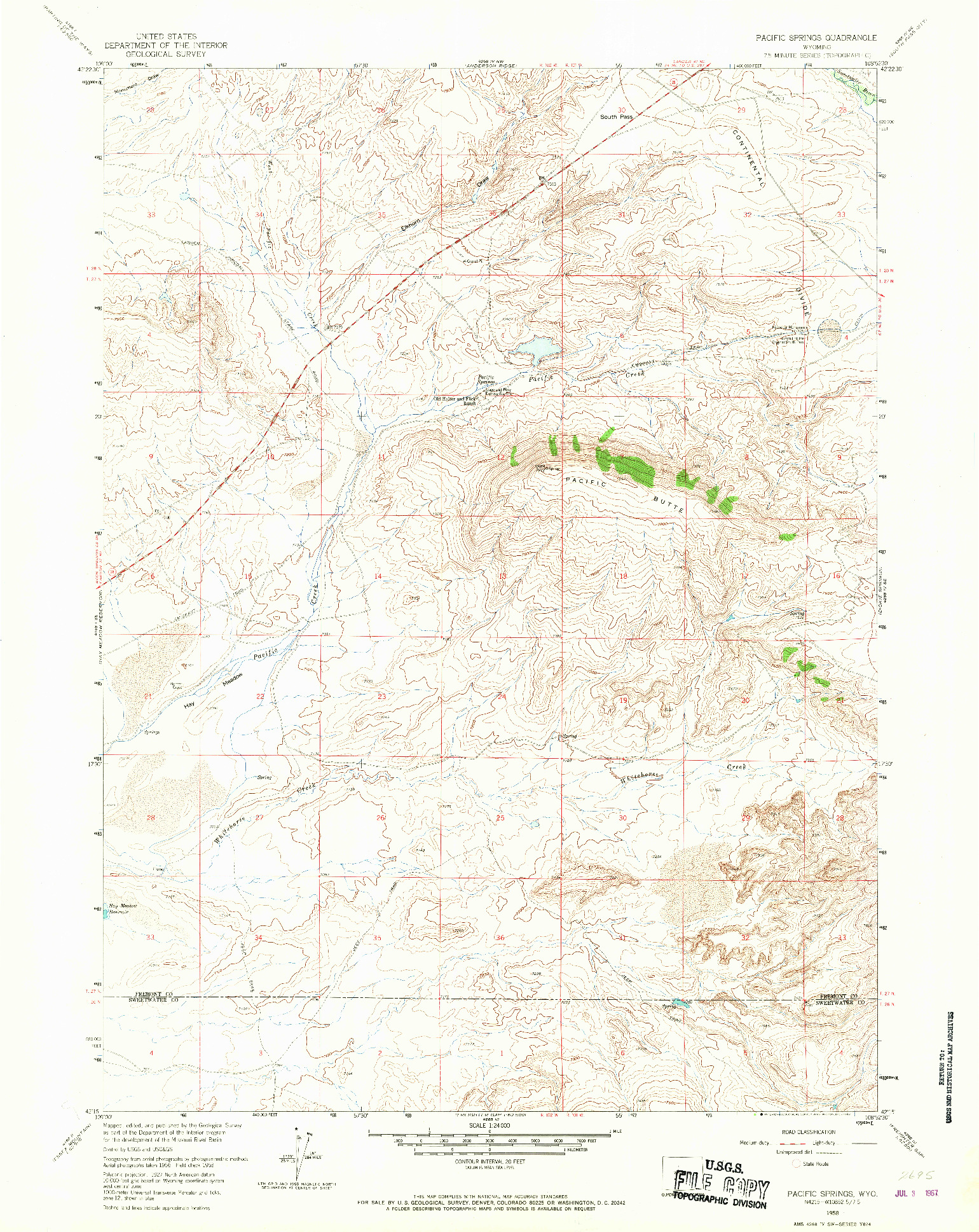 USGS 1:24000-SCALE QUADRANGLE FOR PACIFIC SPRINGS, WY 1958