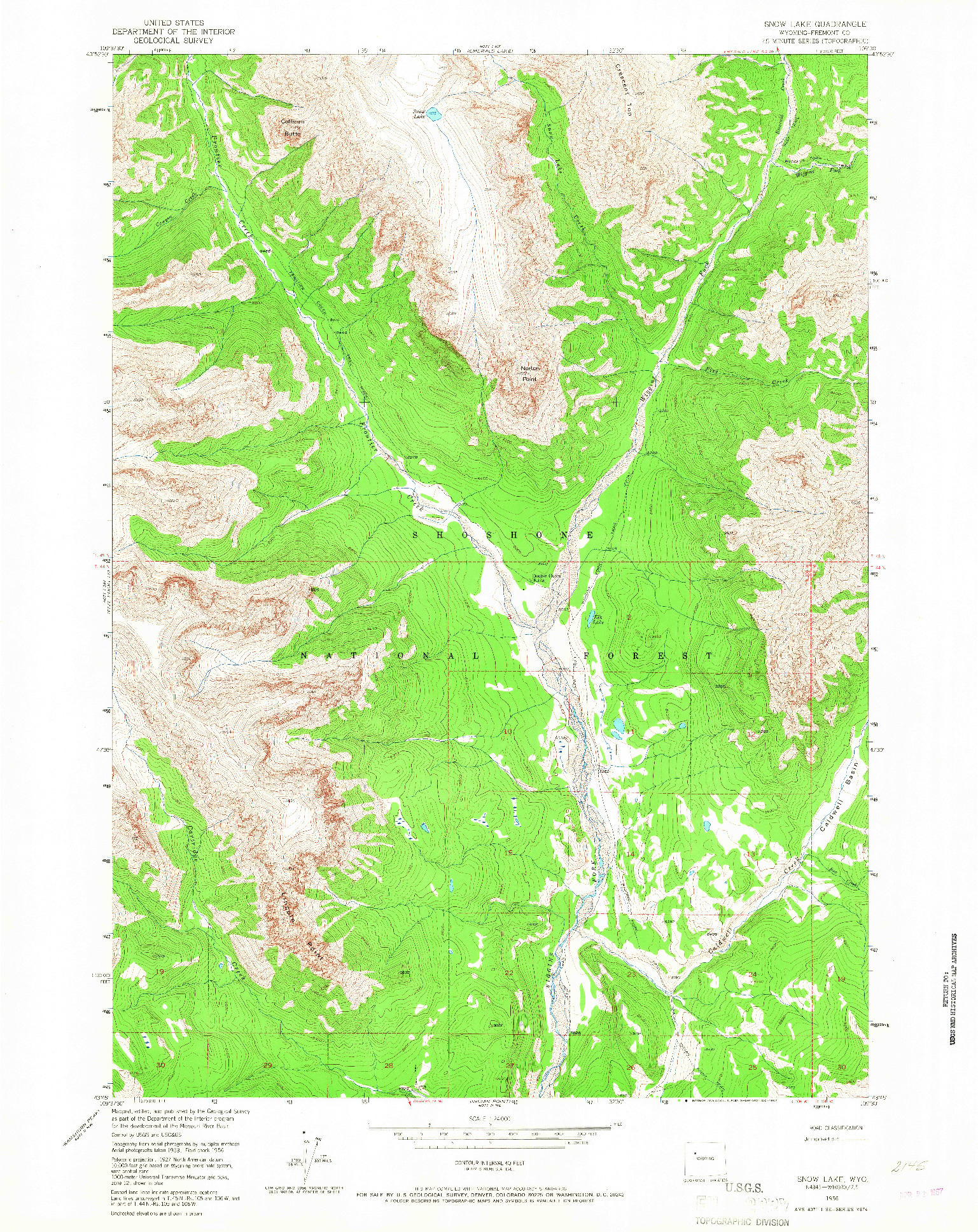 USGS 1:24000-SCALE QUADRANGLE FOR SNOW LAKE, WY 1956