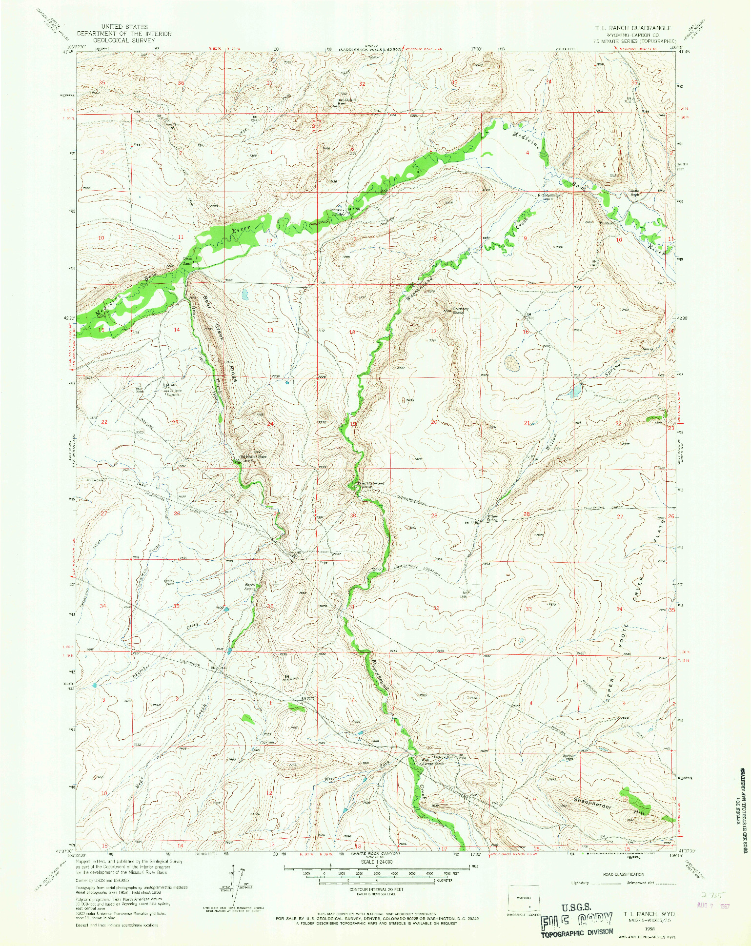 USGS 1:24000-SCALE QUADRANGLE FOR T L RANCH, WY 1958