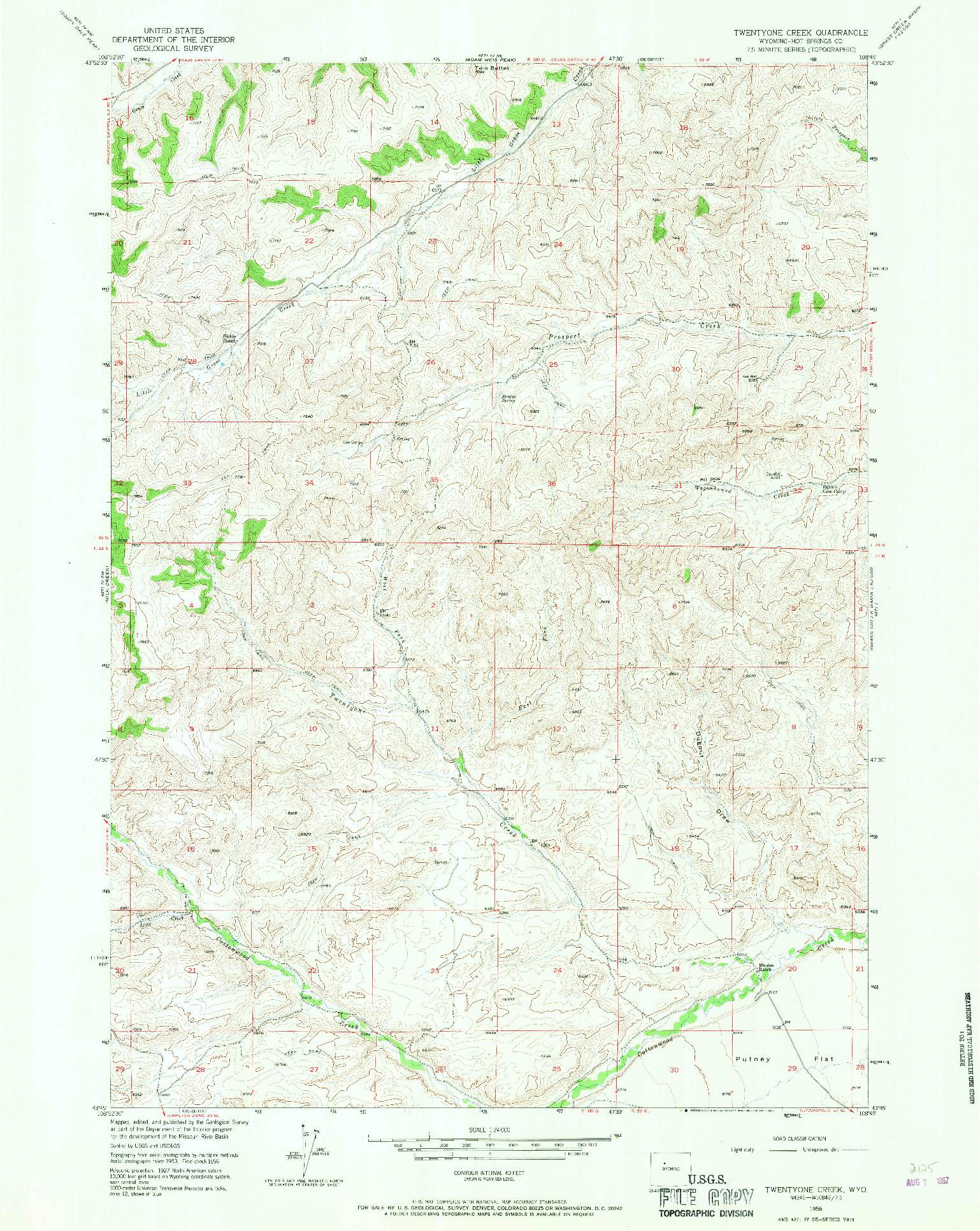 USGS 1:24000-SCALE QUADRANGLE FOR TWENTYONE CREEK, WY 1956