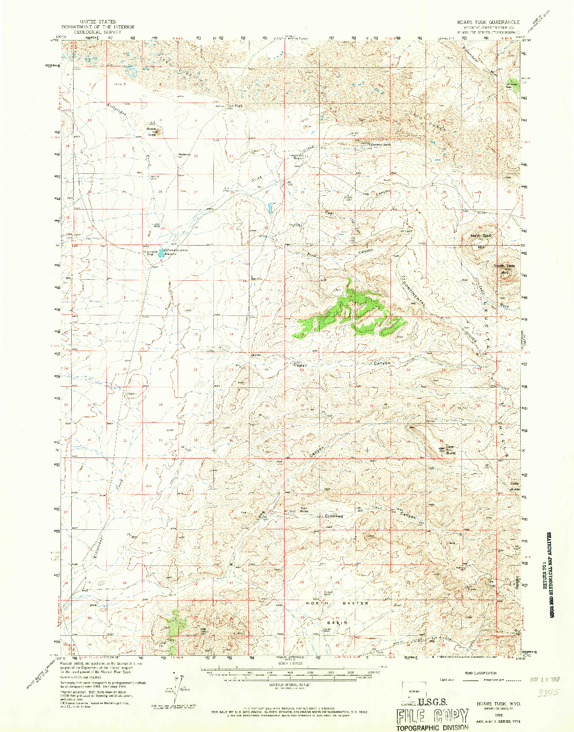 USGS 1:62500-SCALE QUADRANGLE FOR BOARS TUSK, WY 1958