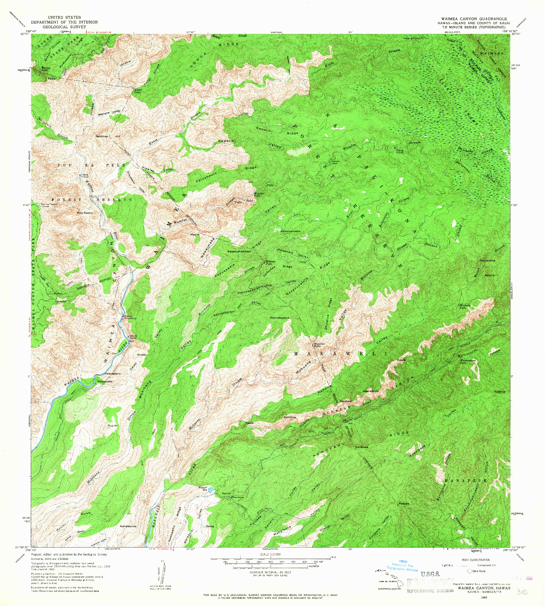 USGS 1:24000-SCALE QUADRANGLE FOR WAIMEA CANYON, HI 1965