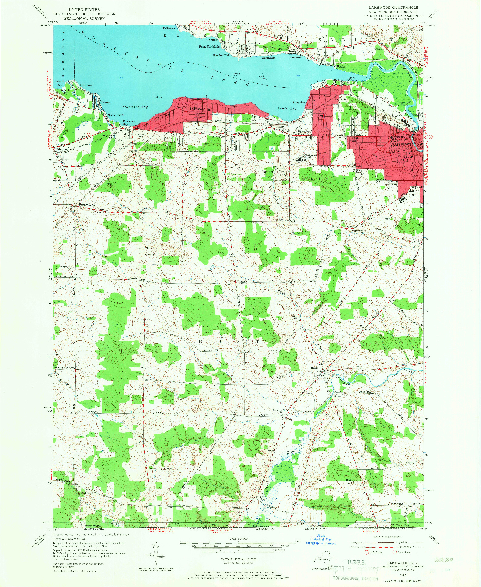 USGS 1:24000-SCALE QUADRANGLE FOR LAKEWOOD, NY 1954