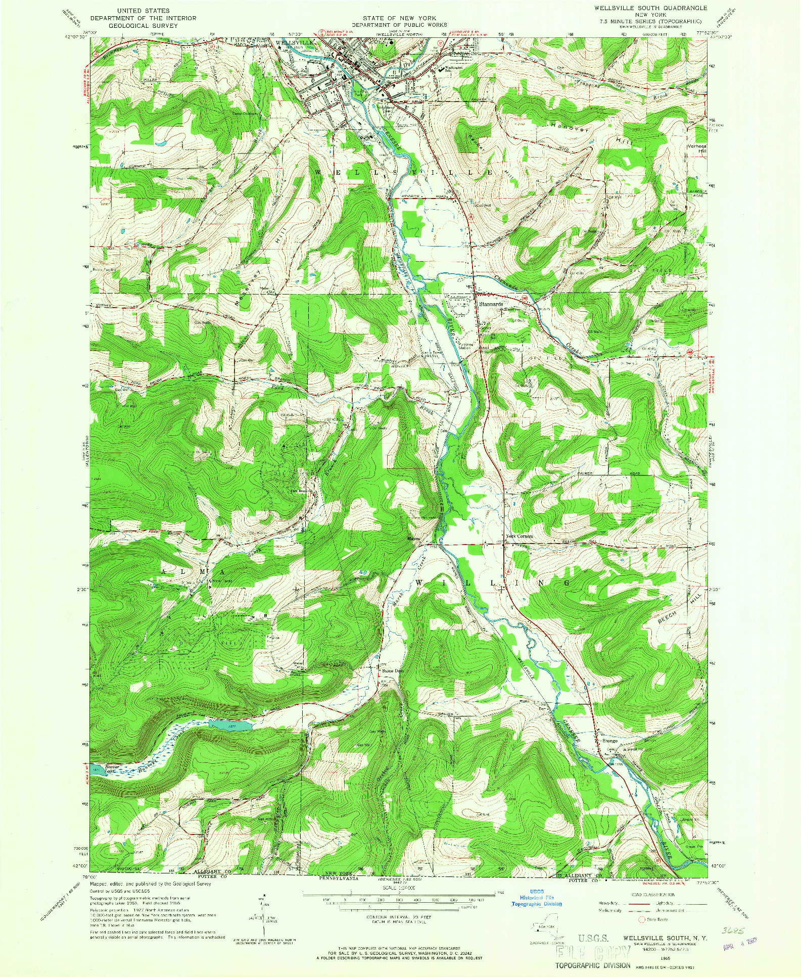 USGS 1:24000-SCALE QUADRANGLE FOR WELLSVILLE SOUTH, NY 1965