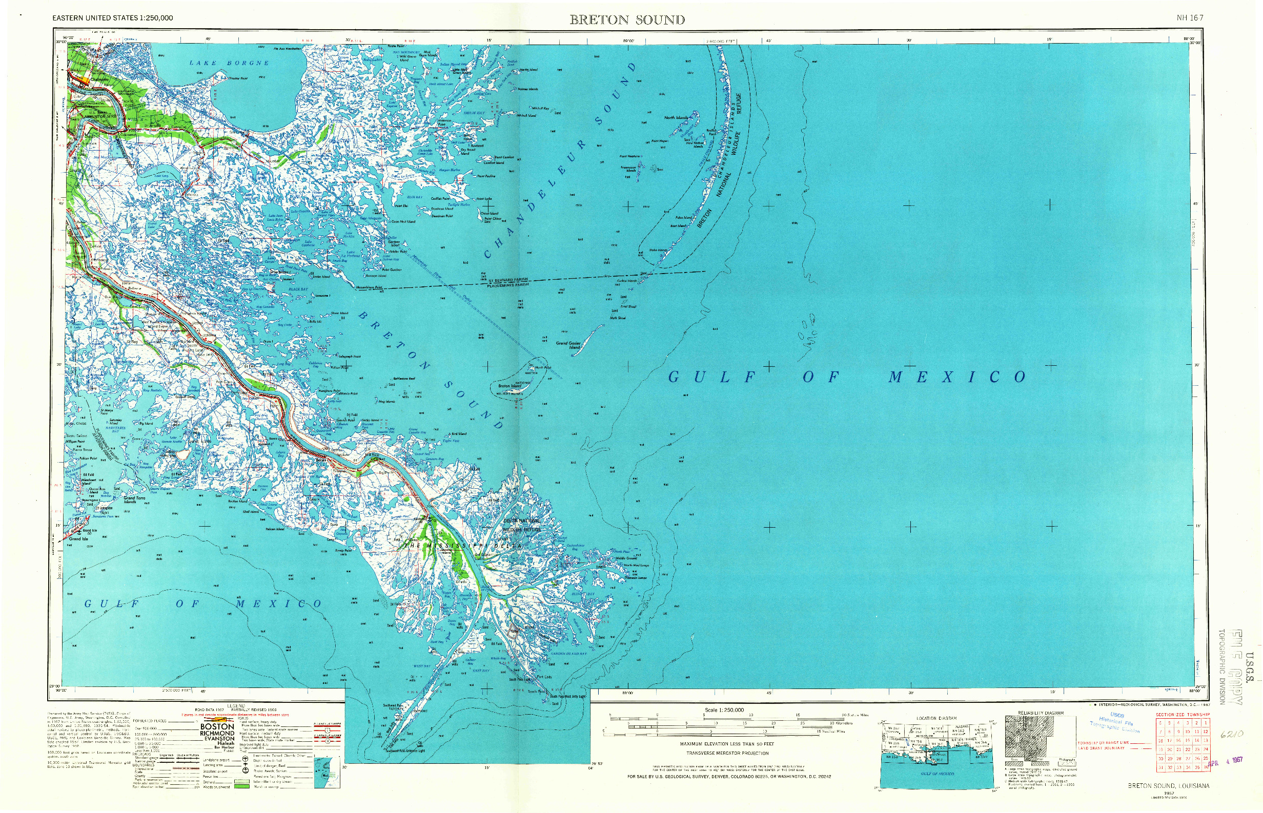USGS 1:250000-SCALE QUADRANGLE FOR BRETON SOUND, LA 1957