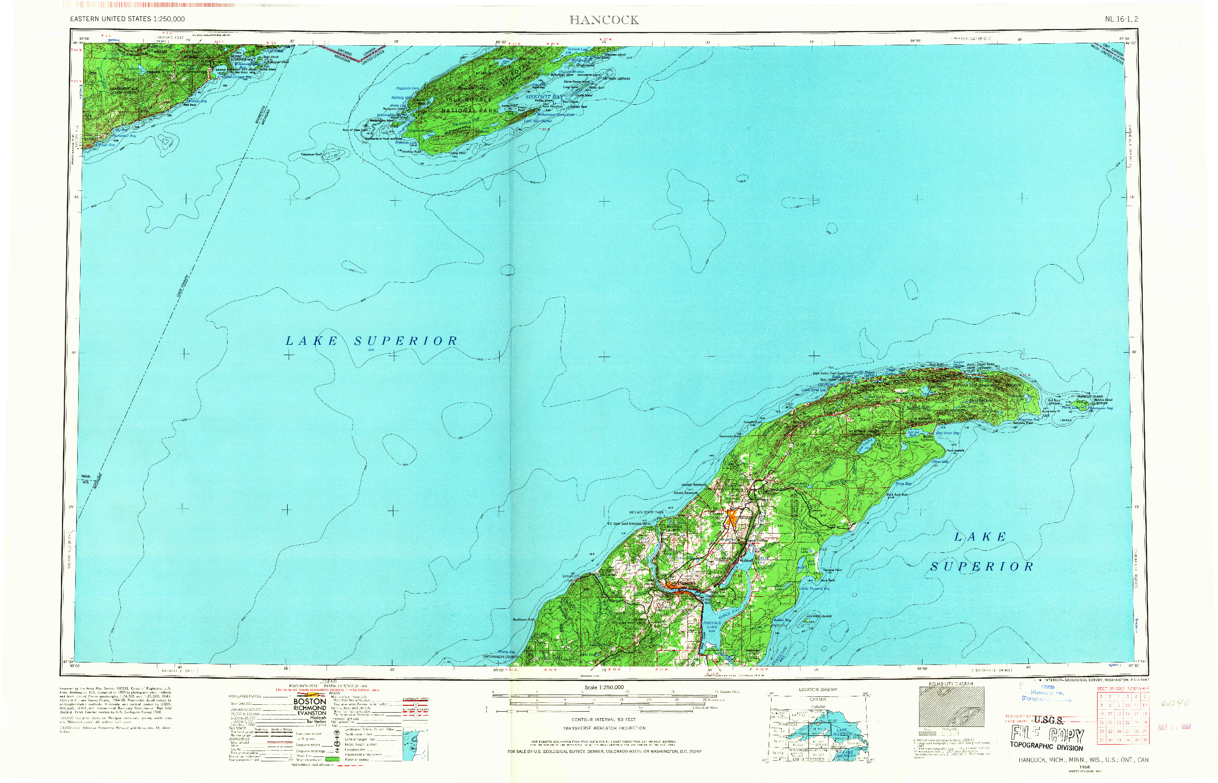 USGS 1:250000-SCALE QUADRANGLE FOR HANCOCK, MI 1958