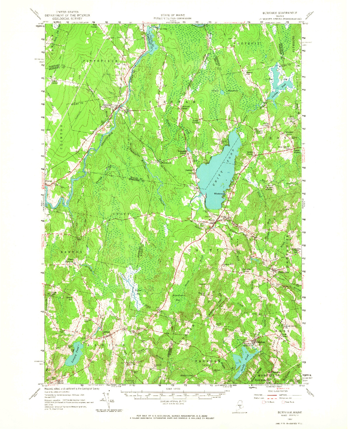 USGS 1:62500-SCALE QUADRANGLE FOR BURNHAM, ME 1957