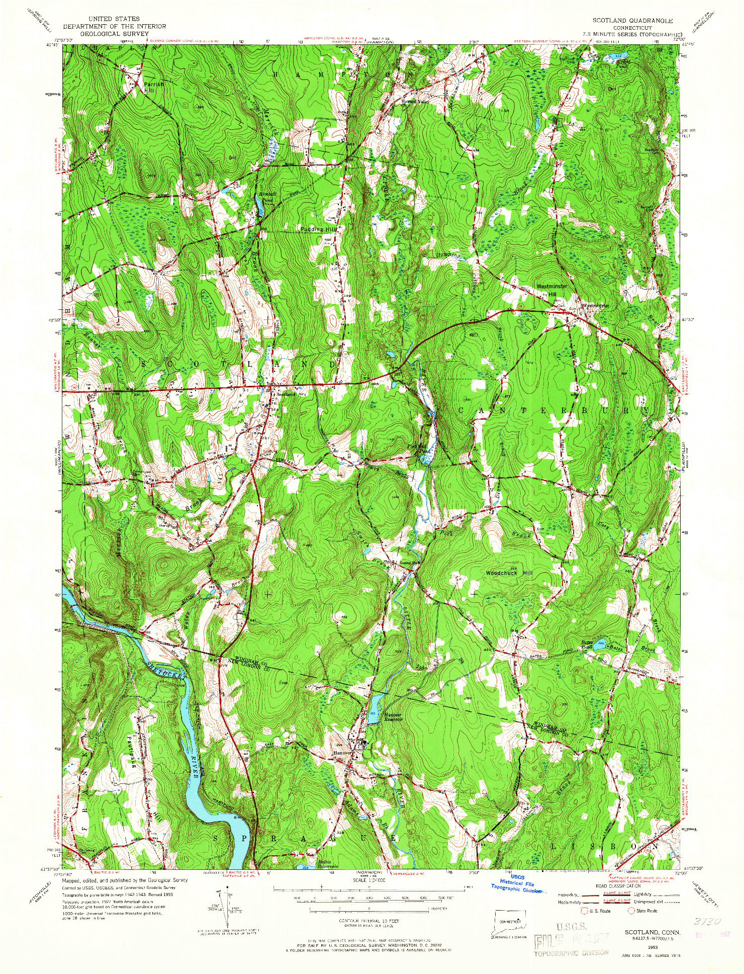 USGS 1:24000-SCALE QUADRANGLE FOR SCOTLAND, CT 1953