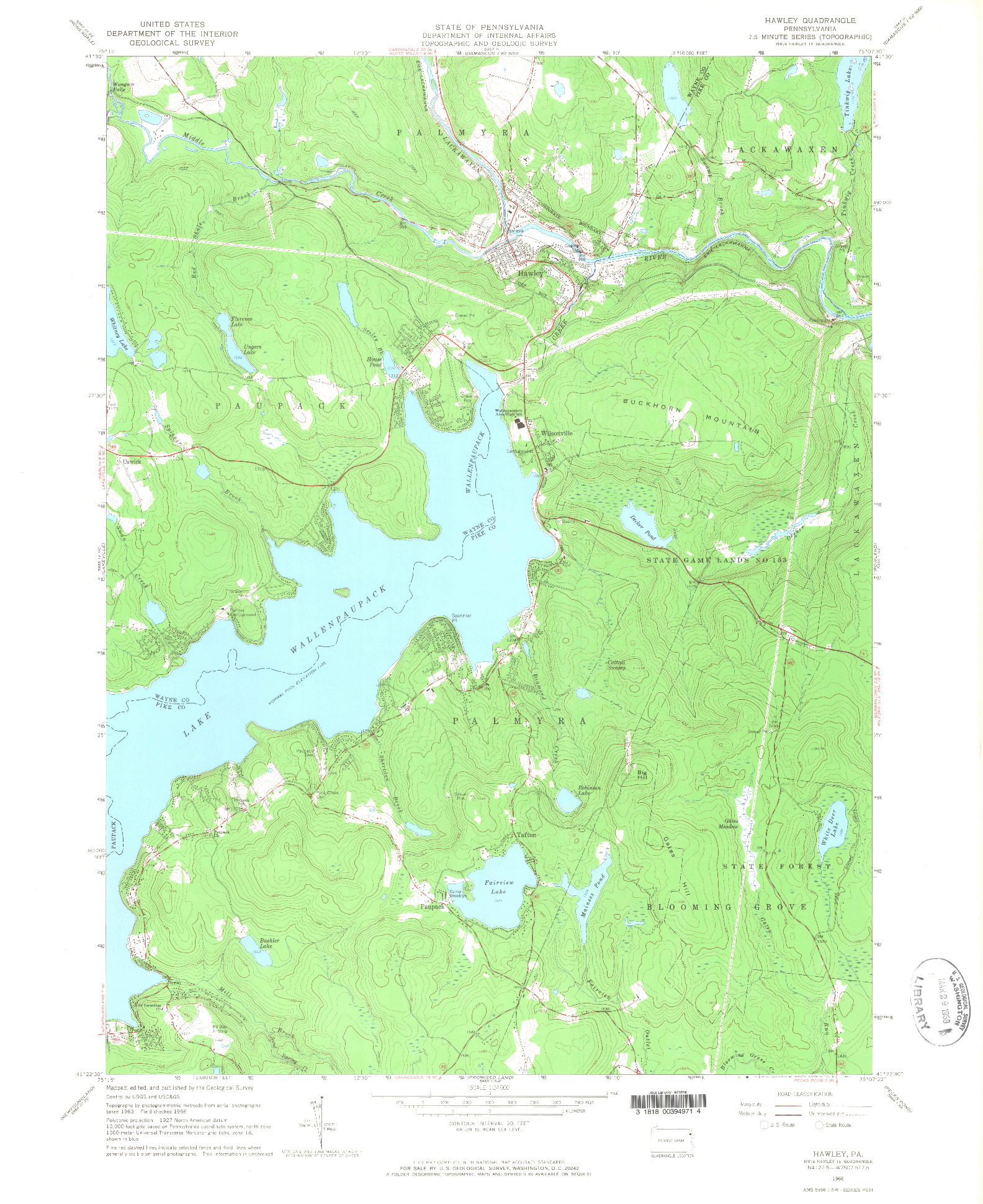 USGS 1:24000-SCALE QUADRANGLE FOR HAWLEY, PA 1966