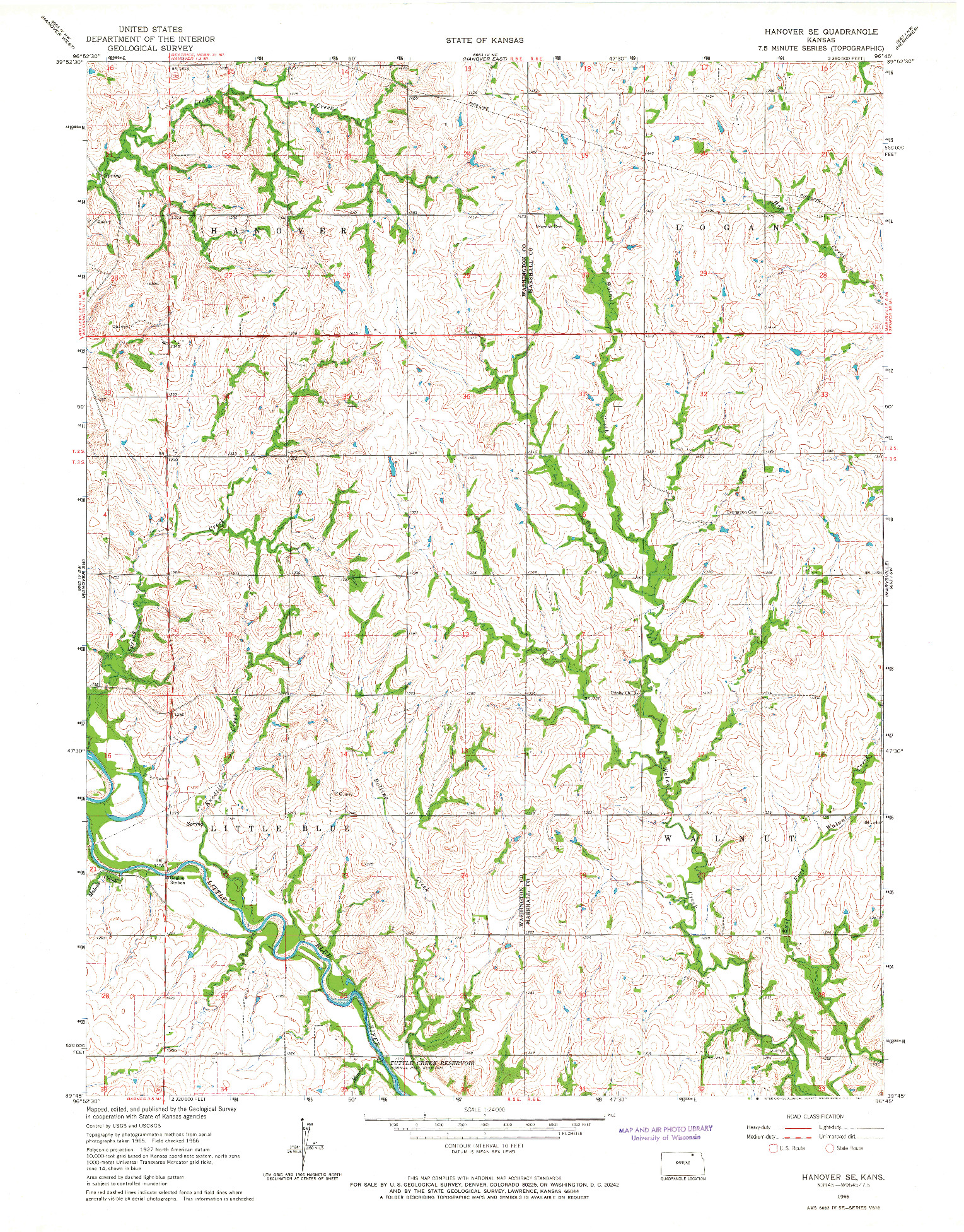 USGS 1:24000-SCALE QUADRANGLE FOR HANOVER SE, KS 1966