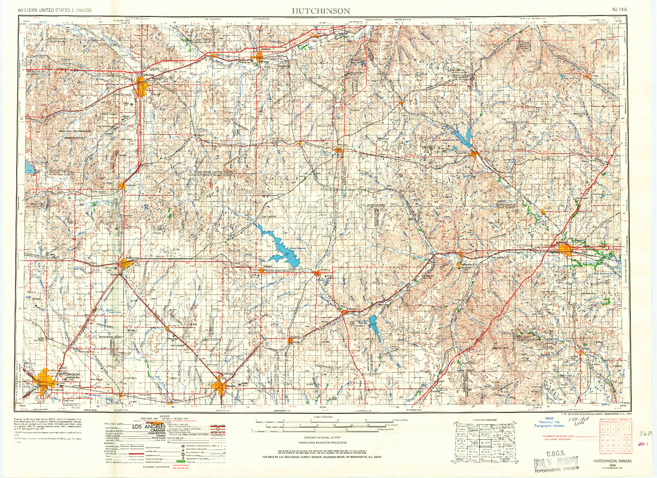 USGS 1:250000-SCALE QUADRANGLE FOR HUTCHINSON, KS 1955