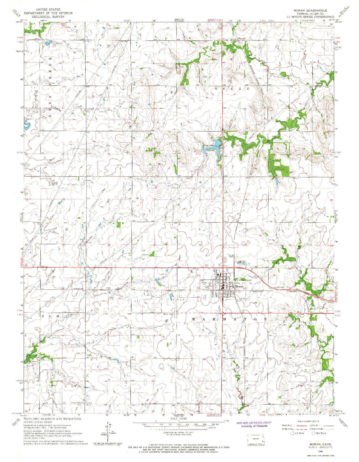 USGS 1:24000-SCALE QUADRANGLE FOR MORAN, KS 1966