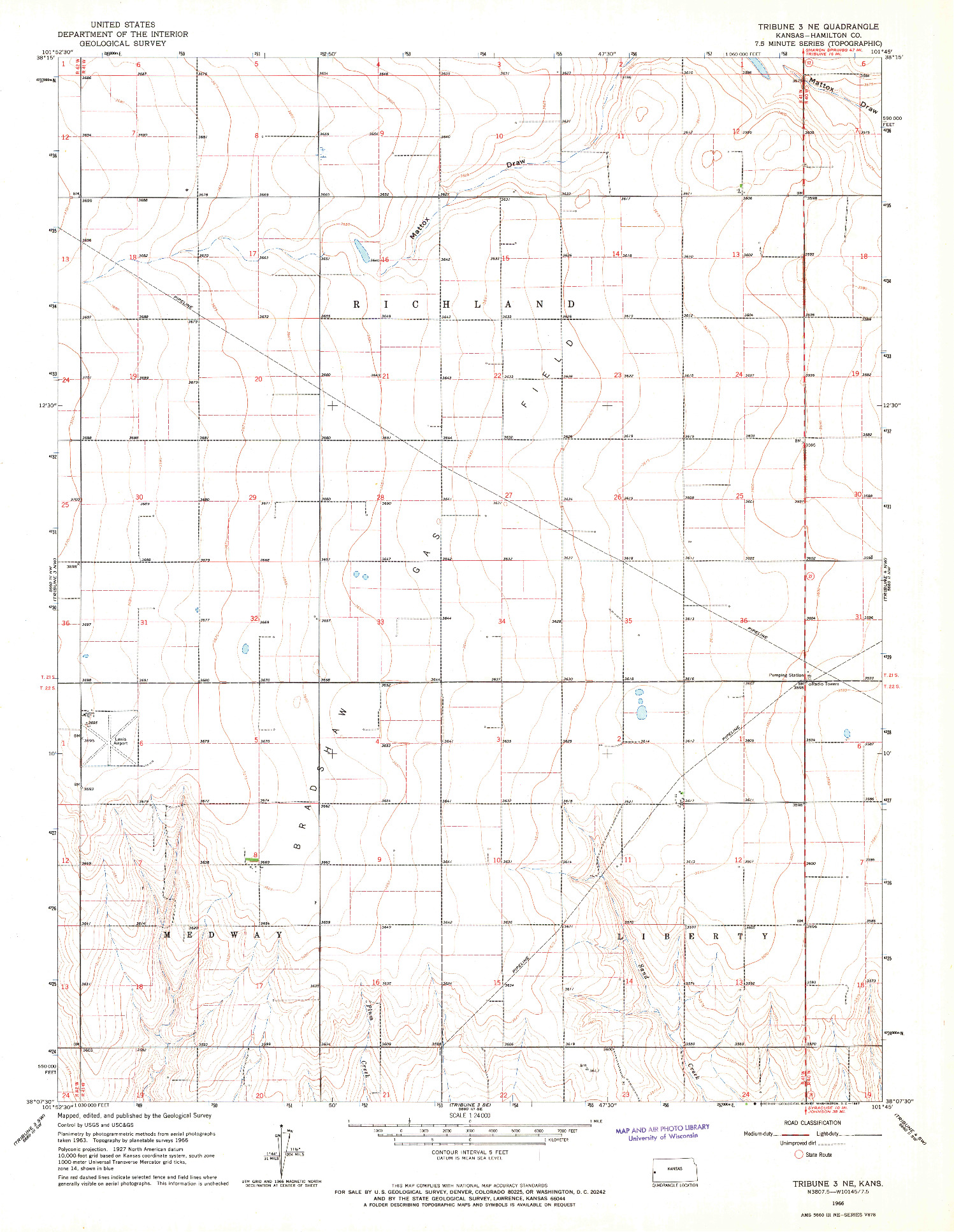 USGS 1:24000-SCALE QUADRANGLE FOR TRIBUNE 3 NE, KS 1966
