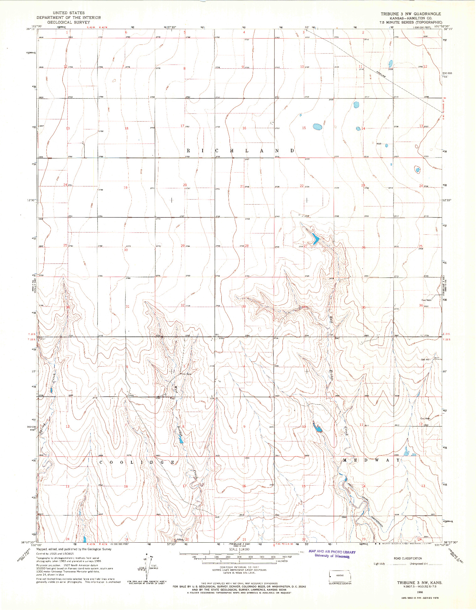 USGS 1:24000-SCALE QUADRANGLE FOR TRIBUNE 3 NW, KS 1966