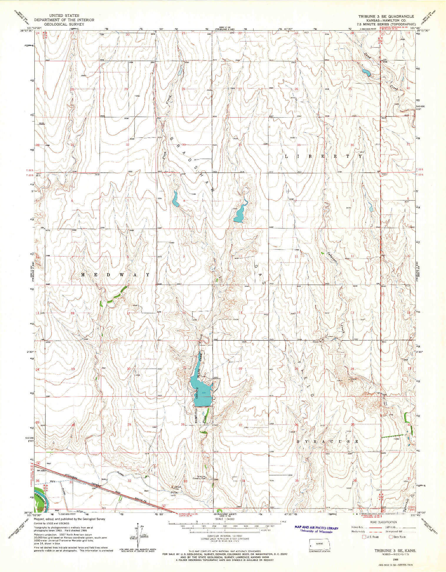 USGS 1:24000-SCALE QUADRANGLE FOR TRIBUNE 3 SE, KS 1966