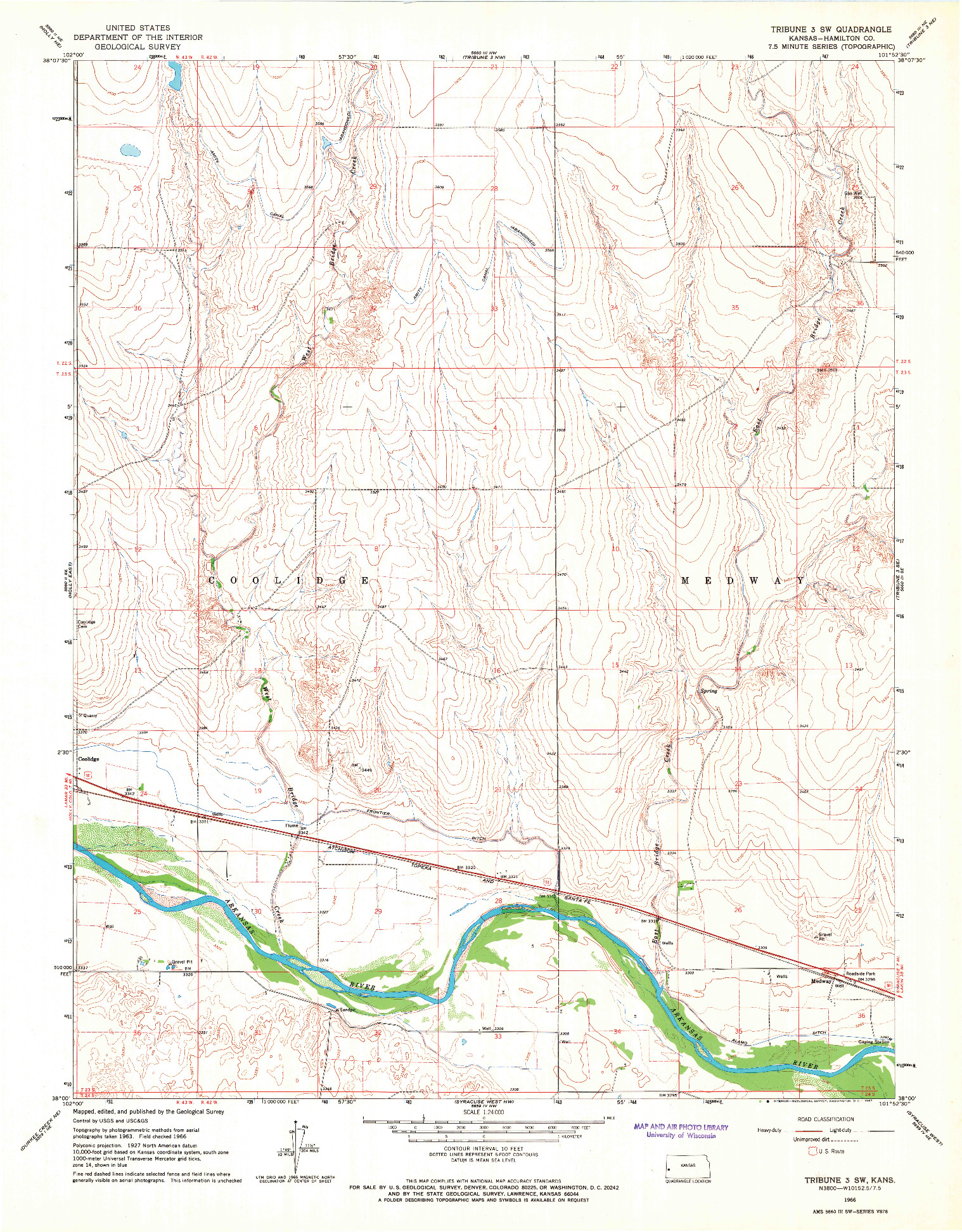 USGS 1:24000-SCALE QUADRANGLE FOR TRIBUNE 3 SW, KS 1966